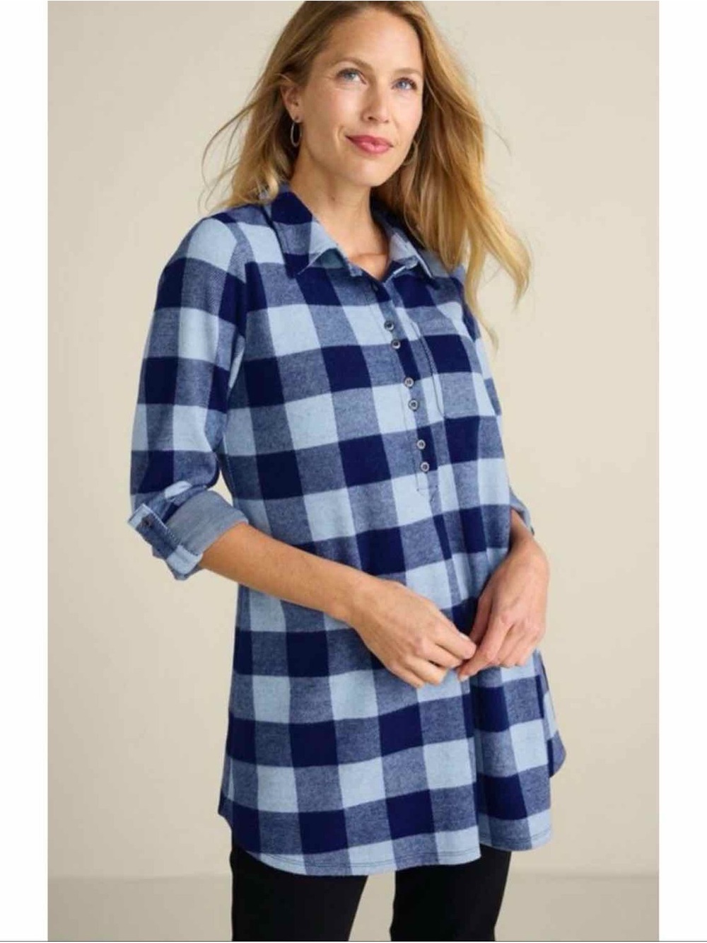 Soft Surroundings Light & Navy Blue Plaid Button-Front Tunic